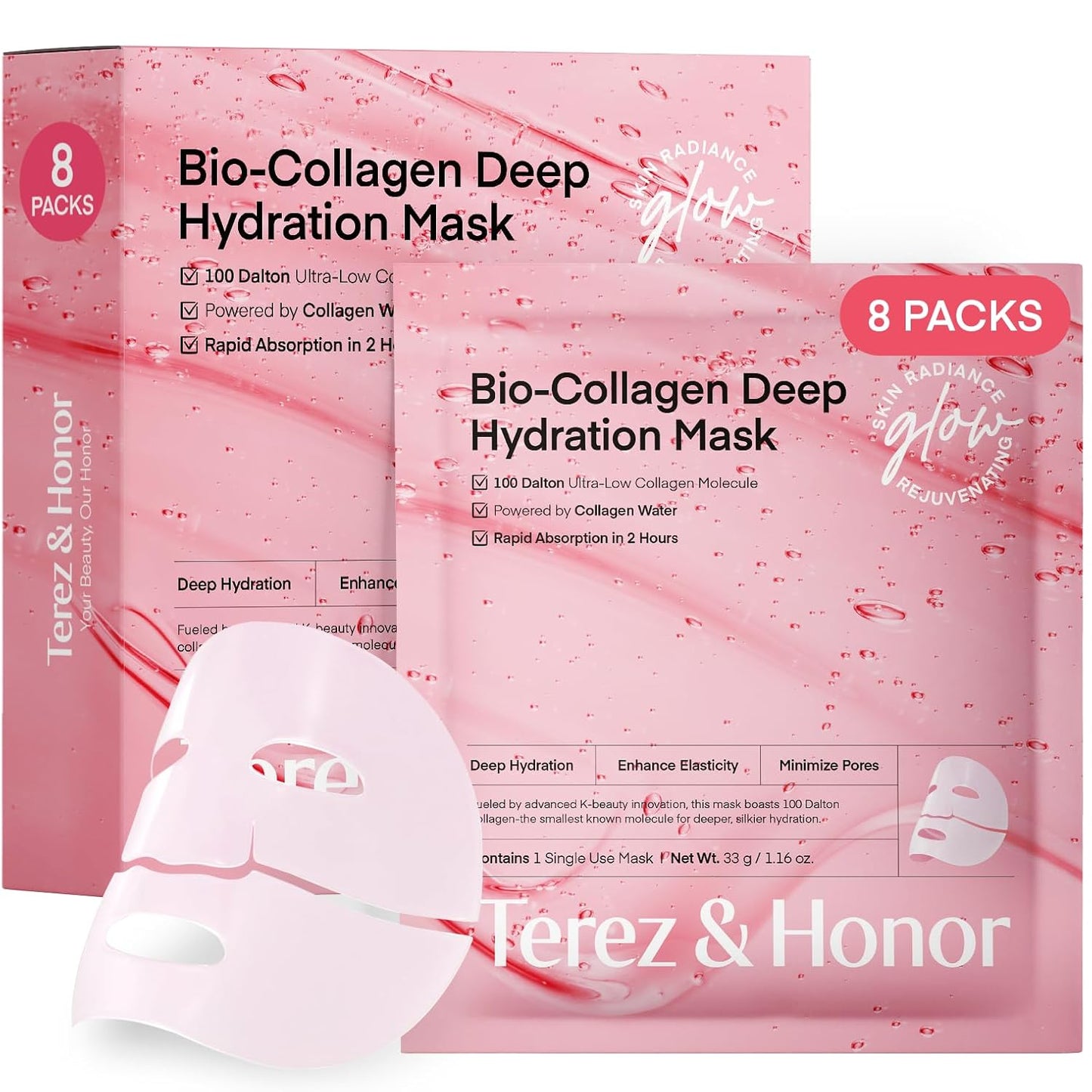 Real Deep Bio Collagen Face Mask - Korean Hydrogel Overnight Masks for Hydration & Glow | 8 x 33g