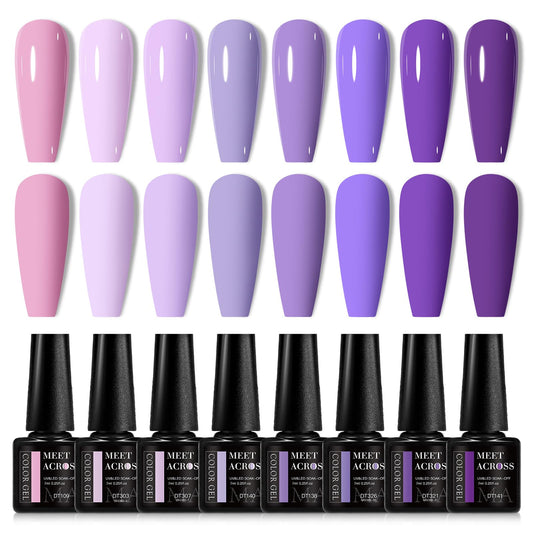 MEET ACROSS Purple Gel Nail Polish Set, 8 Colors Purple Pastel Pink Lavender Gel Polish Soak Off Grape Lilac Violet Gel Nail Art Manicure DIY Salon