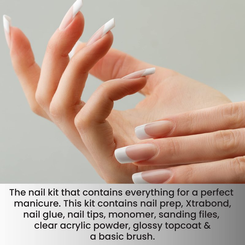 Mia Secret Acrylic Nail Kit: 1/2 oz liquid monomer, 1/2 oz clear acrylic powder, ultra quick nail glue, 1/2 oz ultra gloss top coat, fancy 20 nail tips, 1/2 oz primer, speedy zebra straight nail file 100/100, #8 nail brush and emery block