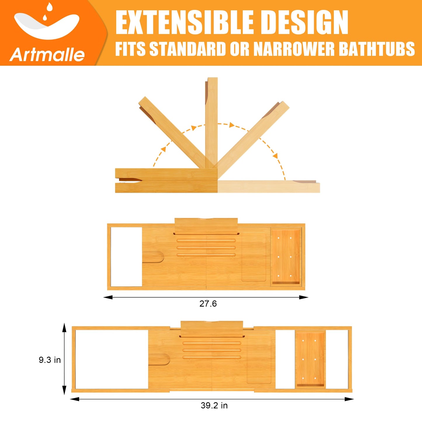 Artmalle Foldable Bathtub Tray for Tub, Bamboo Bathtub Caddy Tray Table with Book Stand for Luxury Bath, Bathroom Accessories for Women Men with Free Soap Dish (Semi-Simple, Natural) (Natural)