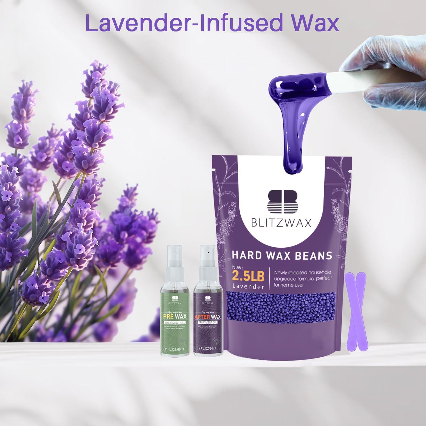 BLITZWAX 2.5lbs Hard Wax Beads for Hair Removal Lavender Waxing Beans for Sensitive Skin, Face, Eyebrows, Brazilian, Legs and Bikini - with 2 Silicone Sticks and 2 Wax Oils for Home and Salon Use