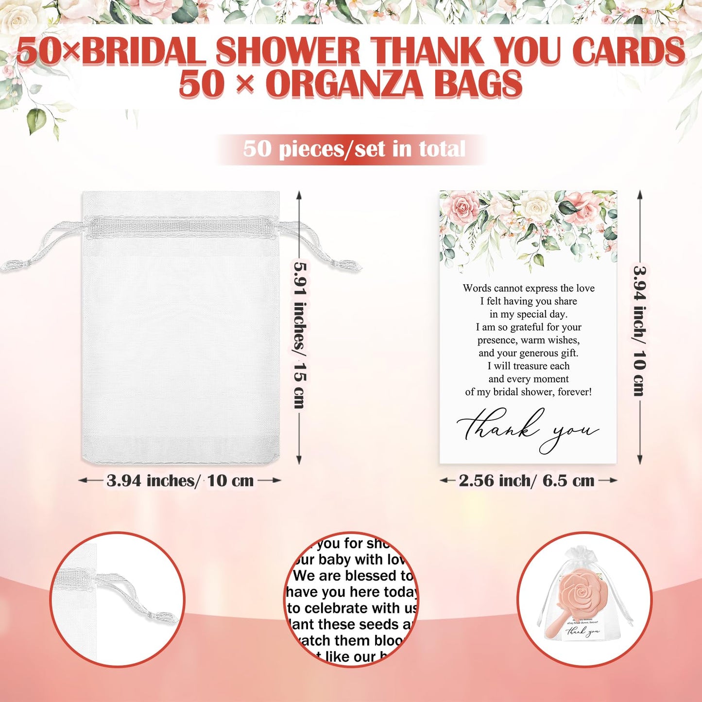 Wenqik 50 Sets Bridal Shower Favors Rose Compact Mirrors Bulk Wedding Favors for Guests Rose Compact Handheld Mirrors with Thank You Cards and Organza Bags Wedding Party Guests Souvenir Gifts (Pink)