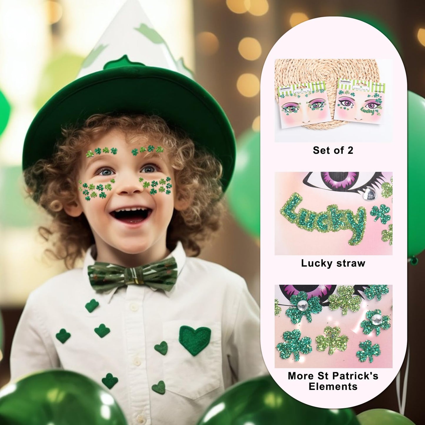 Ecuupas St. Patrick's Day Face Gems Shamrock Festival Green Glitter Clover Rhinestones Design Eyes Body Temporary Stickers for Luck Makeup Stick on Women Face Proms Decorations