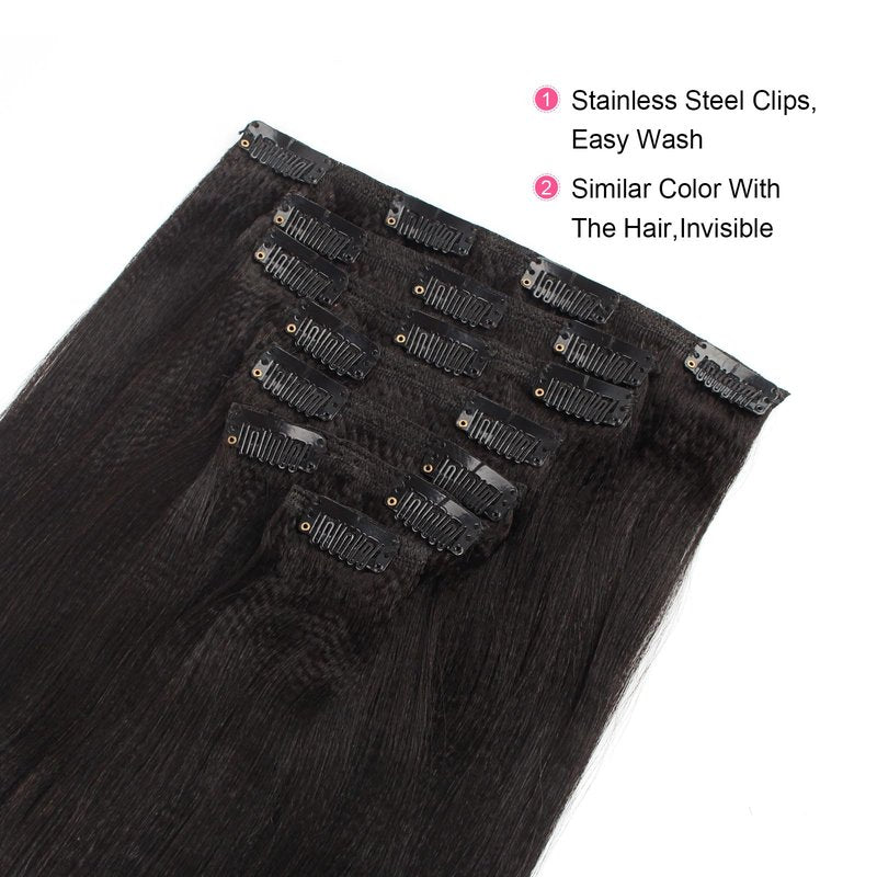 ABH AmazingBeauty Hair Yaki Straight Clip ins Human Hair Extensions for Black Women Natural Black Light Yaki Clip ins 7 Pieces 120 Gram Per Set, 12 Inch