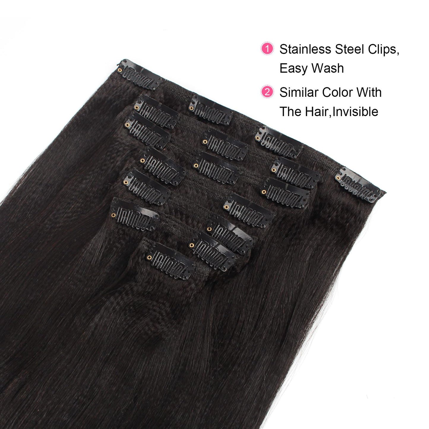 ABH AmazingBeauty Hair Yaki Straight Clip ins Human Hair Extensions for Black Women Natural Black Light Yaki Clip ins 7 Pieces 120 Gram Per Set, 12 Inch