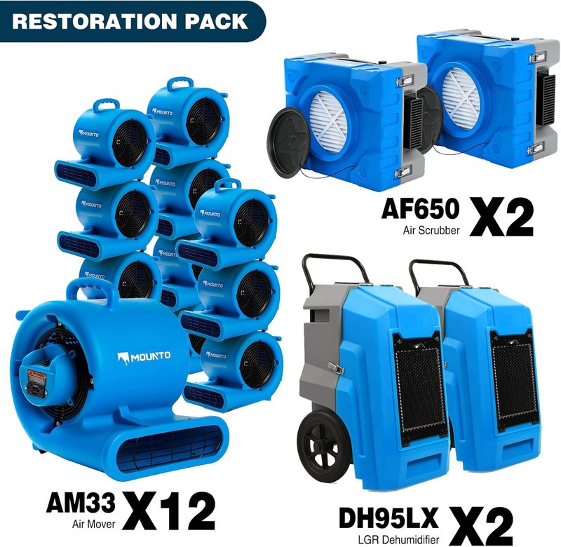 Water Damage Restoration Combo Package - 12 Air Movers, 2 Air Scrubbers & 2 LGR Dehumidifiers