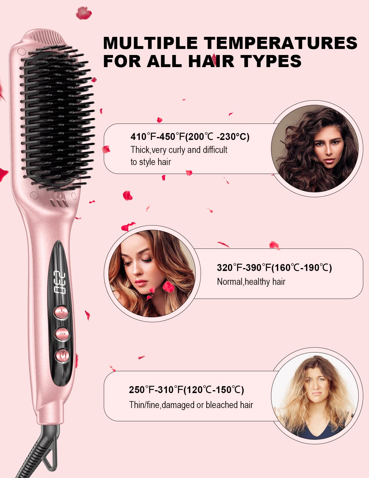 LANDOT Ionic Hair Straightener Brush – Ceramic Straightening Brush with 12 Heat Settings (250-450°F) for Smooth & Shiny Results, Ideal for Medium & Long Women Hair, Dual Voltage, Rose Gold