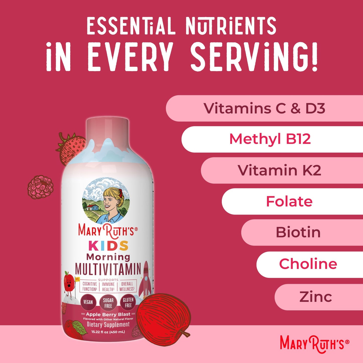 MARYRUTH'S Liquid Morning Multivitamin for Kids | Kids Multivitamin | Immune Support Supplement | Vitamin C | Vitamin D | Essential Nutrients | Vegan | 30-180 Servings | 15.22 fl oz