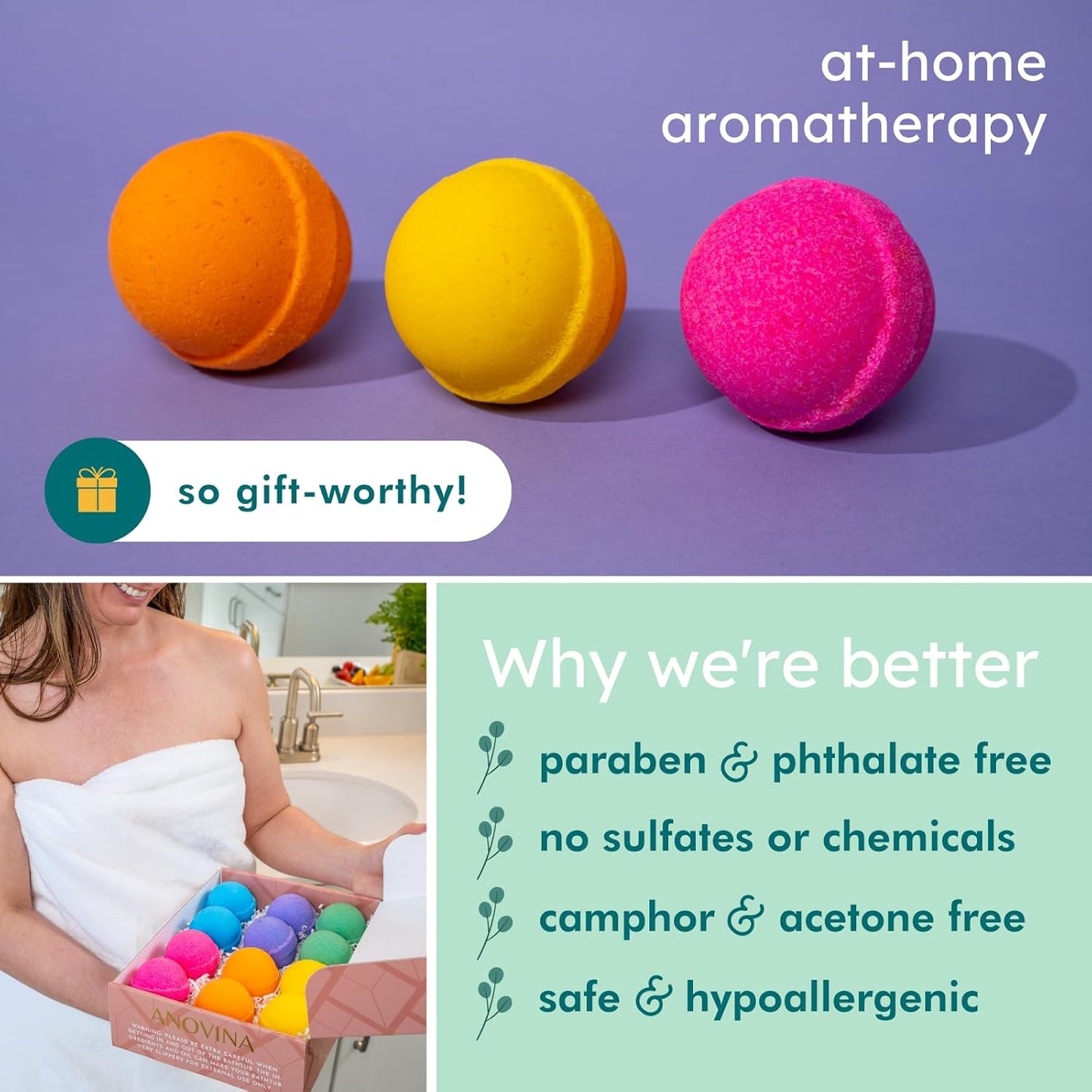 Natural Bath Bomb Gift Set for Women - Organic Essential Oil Bath Bombs for Relaxation | Non-Toxic Spa Gifts