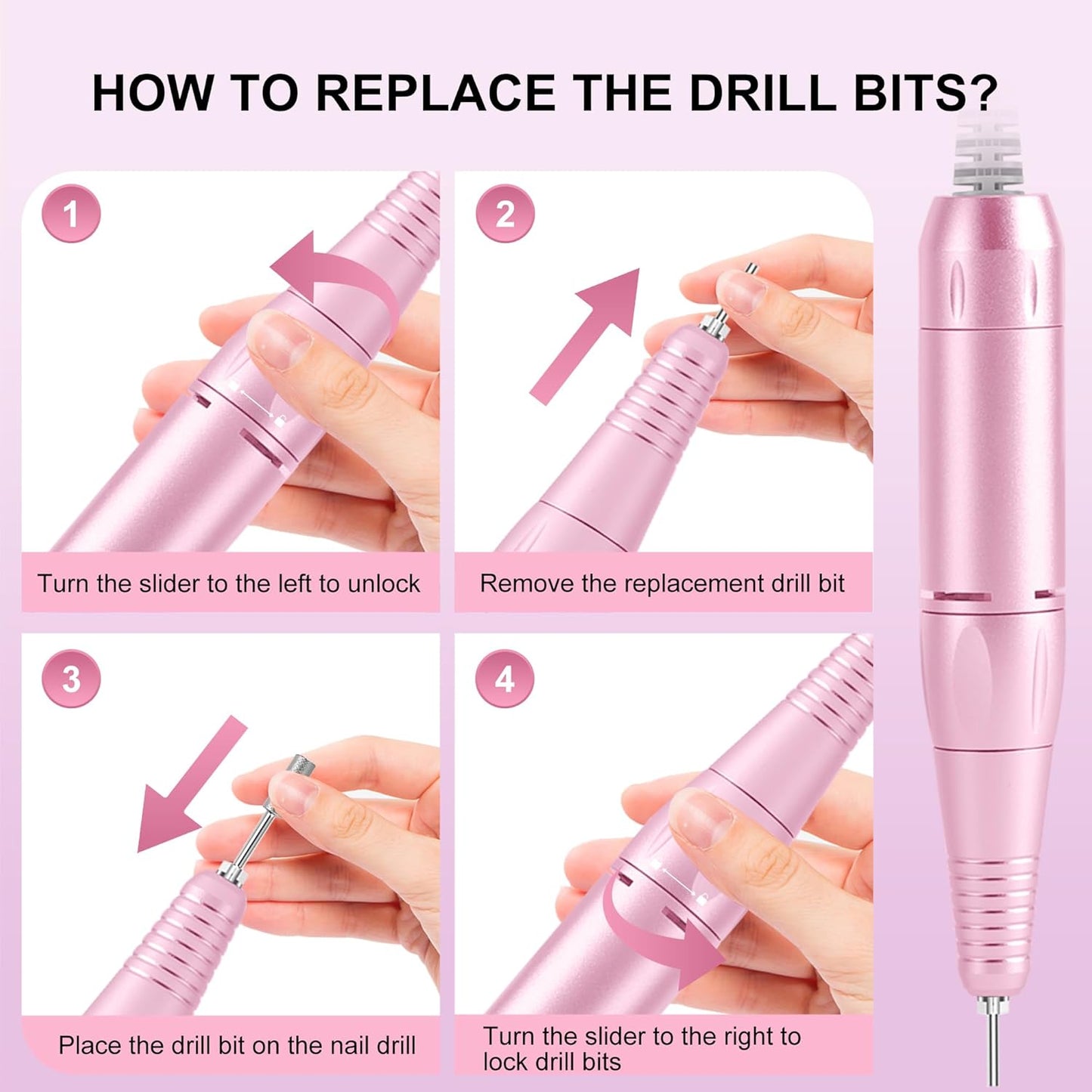Professional Electric Nail Drill - COSYGLOW Glitter Cordless E-File Kit with 11 Bits | 30000 RPM Rechargeable for Acrylic Nails (Pink)