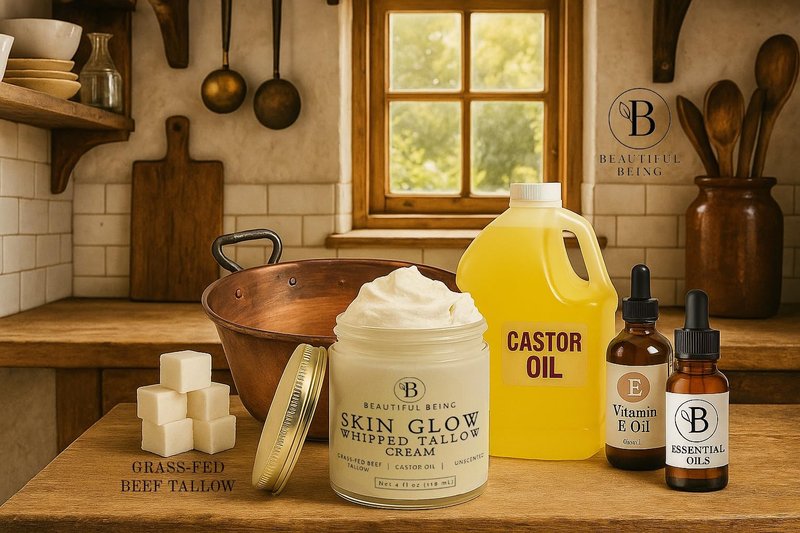 Beautiful Being SKIN GLOW - Grass-Fed Whipped Beef Tallow Natural Moisturizer Cream for Face & Body, Non-Toxic Ancestral Skincare for Dry & Sensitive Skin, Castor Oil Infused (LAVENDER, 4oz)