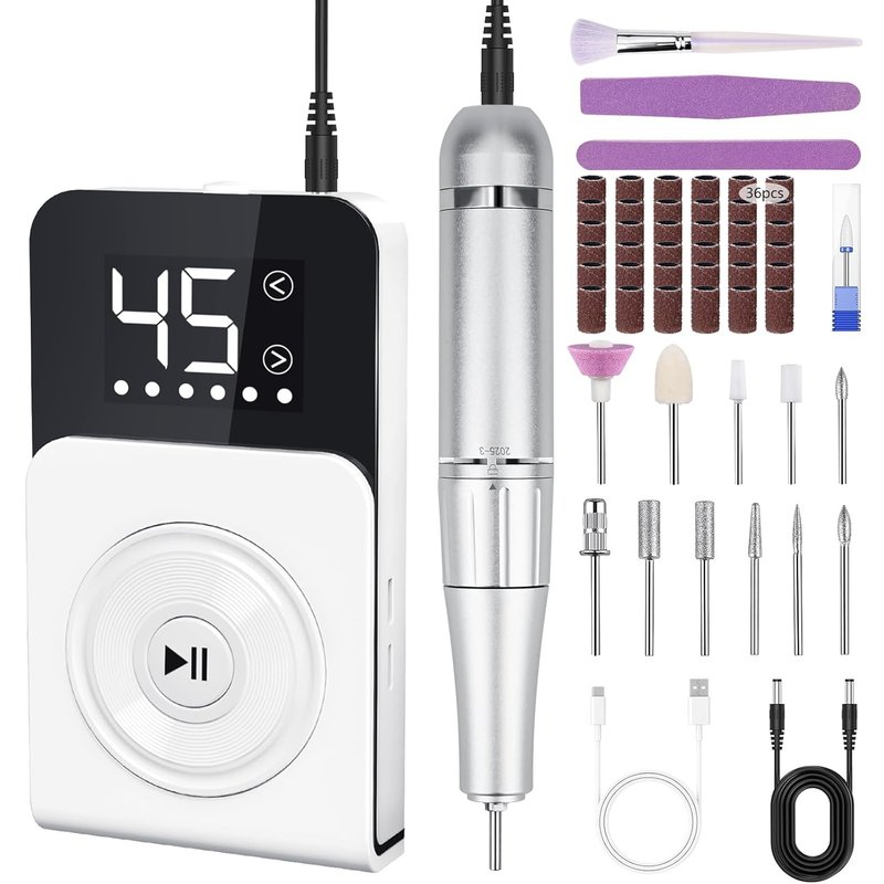 Professional Electric Nail Drill - 45000RPM Nail File with 12 Bits | Gel & Acrylic Manicure (White)