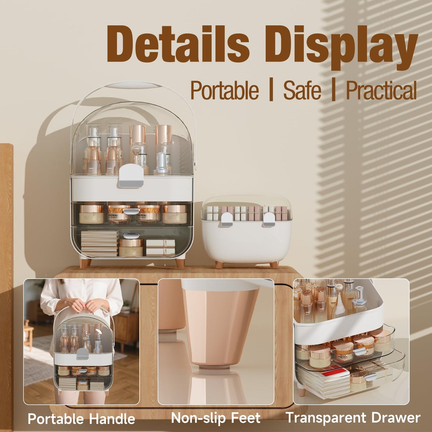CLBDRESS Makeup Organizer for Vanity with perfume Storage Box, Countertop Skincare Organizer with 2 Drawers, Cosmetic Display Case for Perfumes, Eyeshadow Palettes, Nail Polishes, Rose Gold