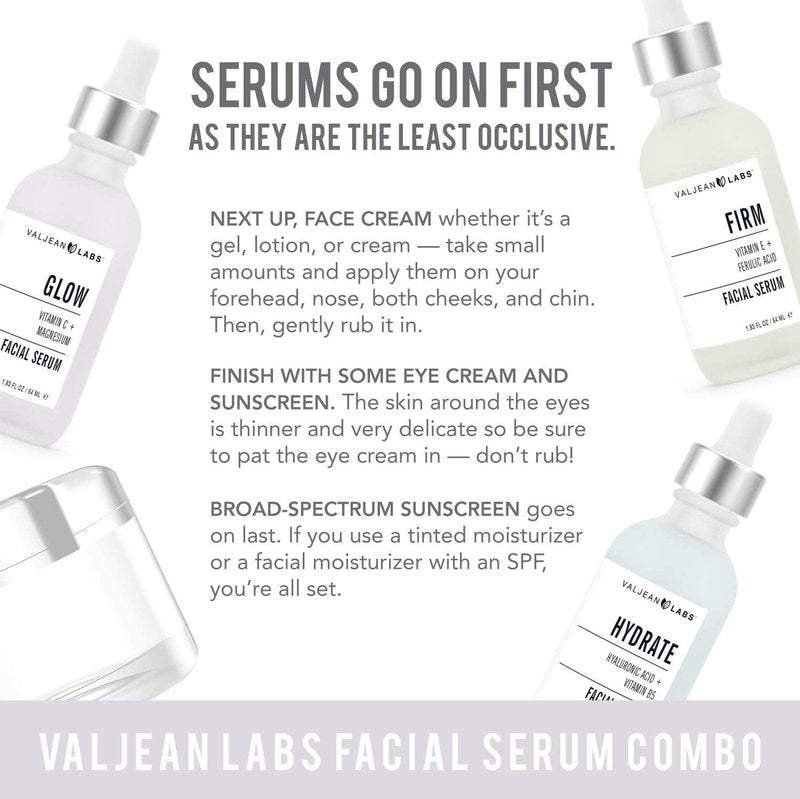 Valjean Labs Facial Serum, Combo Pack of Hydrate, Glow, and Firm | Supercharged, Targeted Skincare Ingredients | Paraben Free (1oz Bottles)