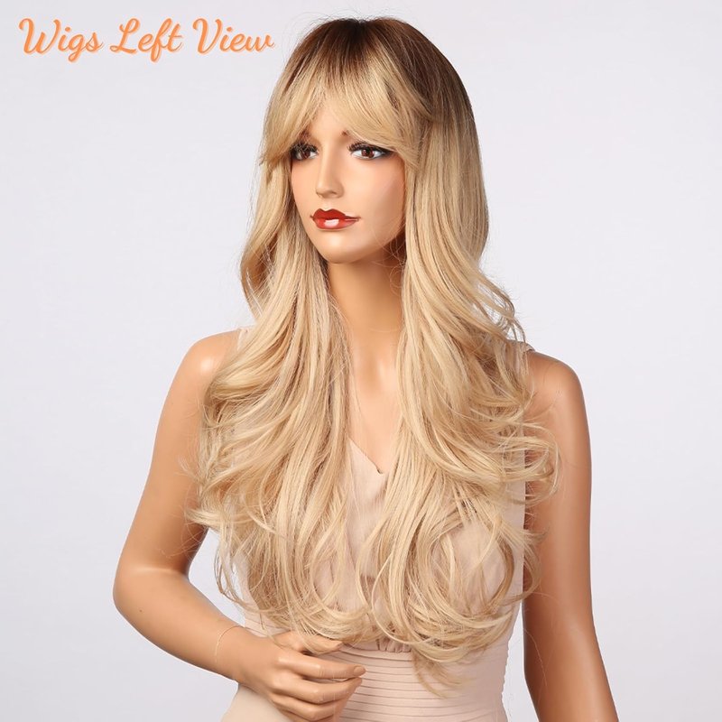 Blonde Wig with Bangs - Long Wavy Ombre Synthetic Hair | Light Ash Blonde with Dark Roots, Perfect for Halloween & Christmas