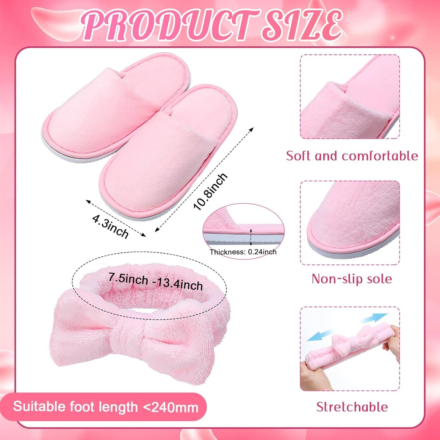Girls Spa Party Supplies - 12 Pcs Kids Sleepover Set with Disposable Slippers & Bow Headbands | Perfect for Birthday Favors