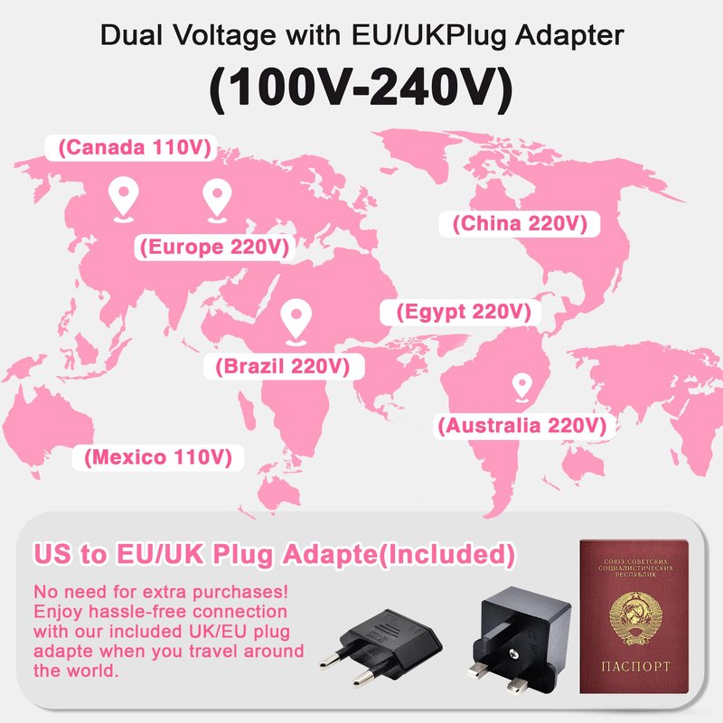 Dual Voltage Curling Iron for Travel,110V-240V Curling Iron 1 inch with European Plug Adapter,2 in 1 Hair Straightener and Curler(Pink)