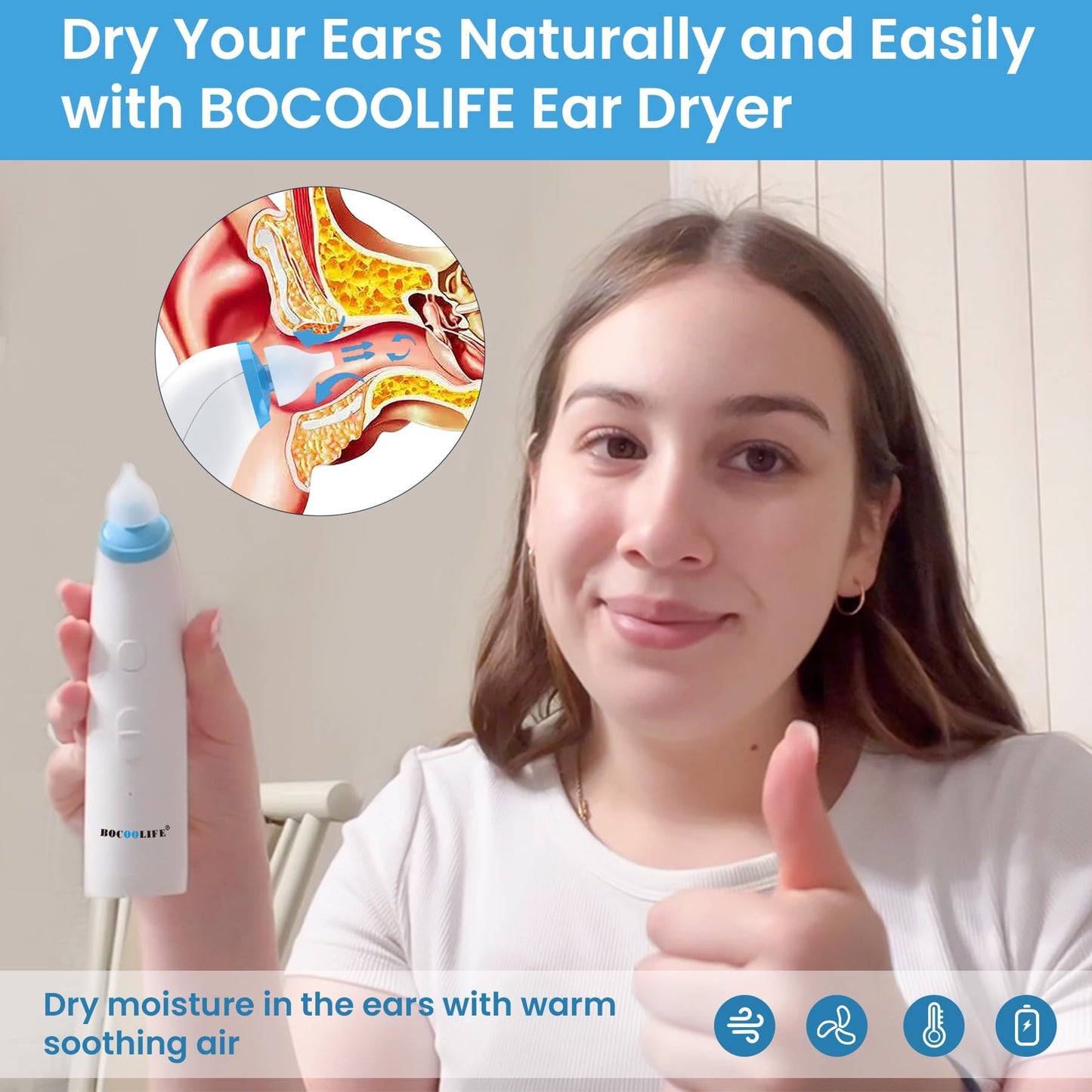 BOCOOLIFE Ear Dryer Ear Moisture Water Removal with 7 Ear Tips, Ear Drying Device, Electronic Warm Air Ear Water Remover for Swimmers, Showering, Water Sports, Surfing, Scuba Ear Dryer Machine
