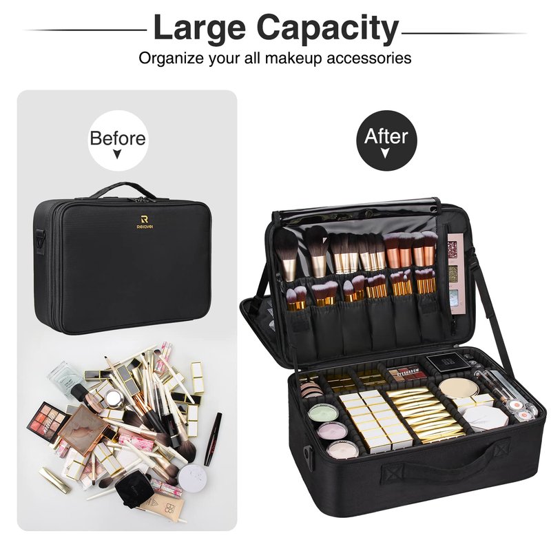 MONSTINA Large Makeup Travel Case Bag,Professional Makeup Artist Train Case with Brush organizer,Large Capacity Cosmetic Bag with Zipper Pocket and Adjustable Compartment（PU Leather Black）