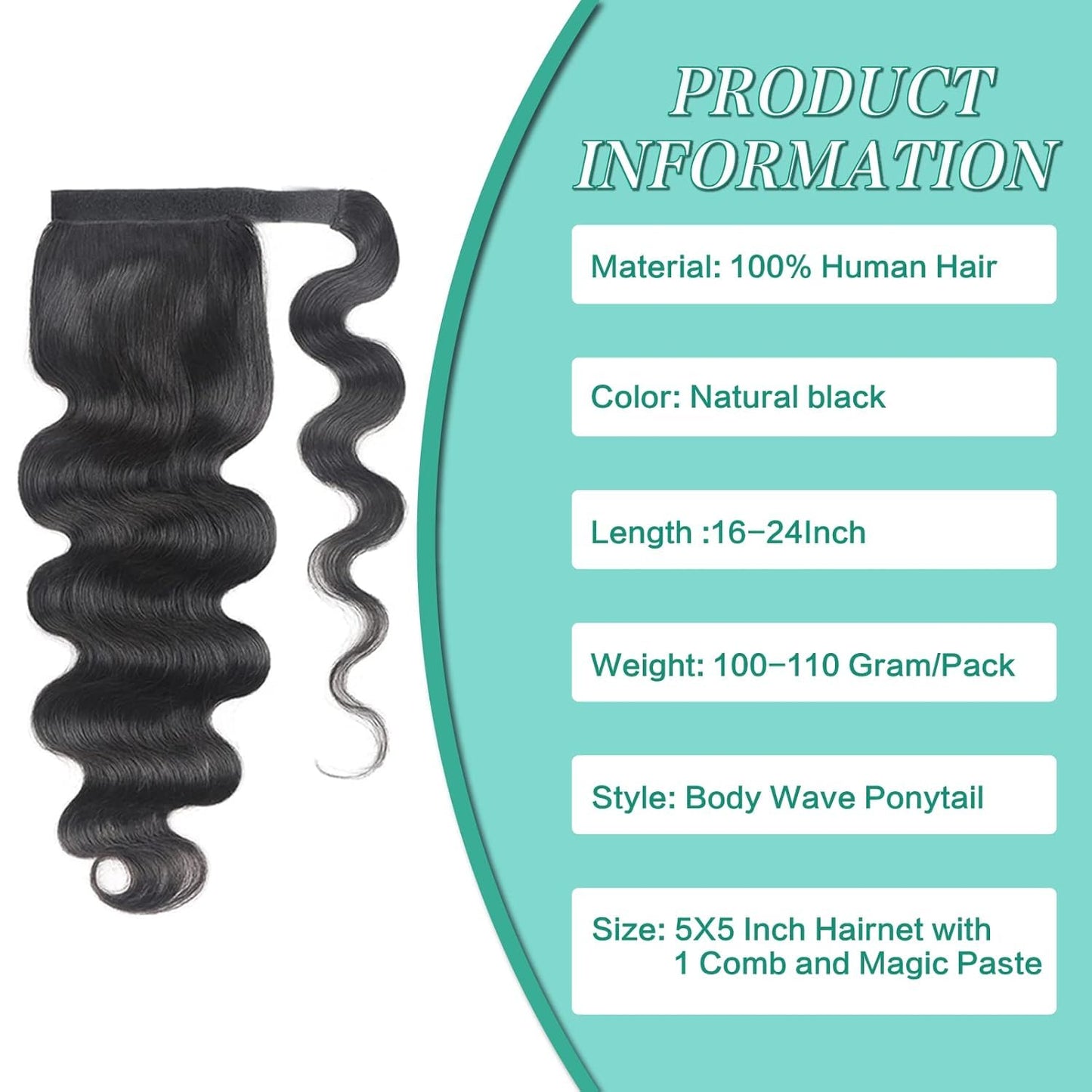 Body Wave Ponytail with Magic Paste Warp Around for Black Women Natural Color 16 Inch