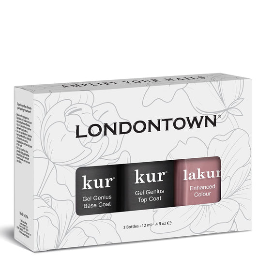 LONDONTOWN Manicure Trio Set Gel Genius Top & Base Coat, Lakur Nail Polish, Crowning Crumpet Sheer Mani