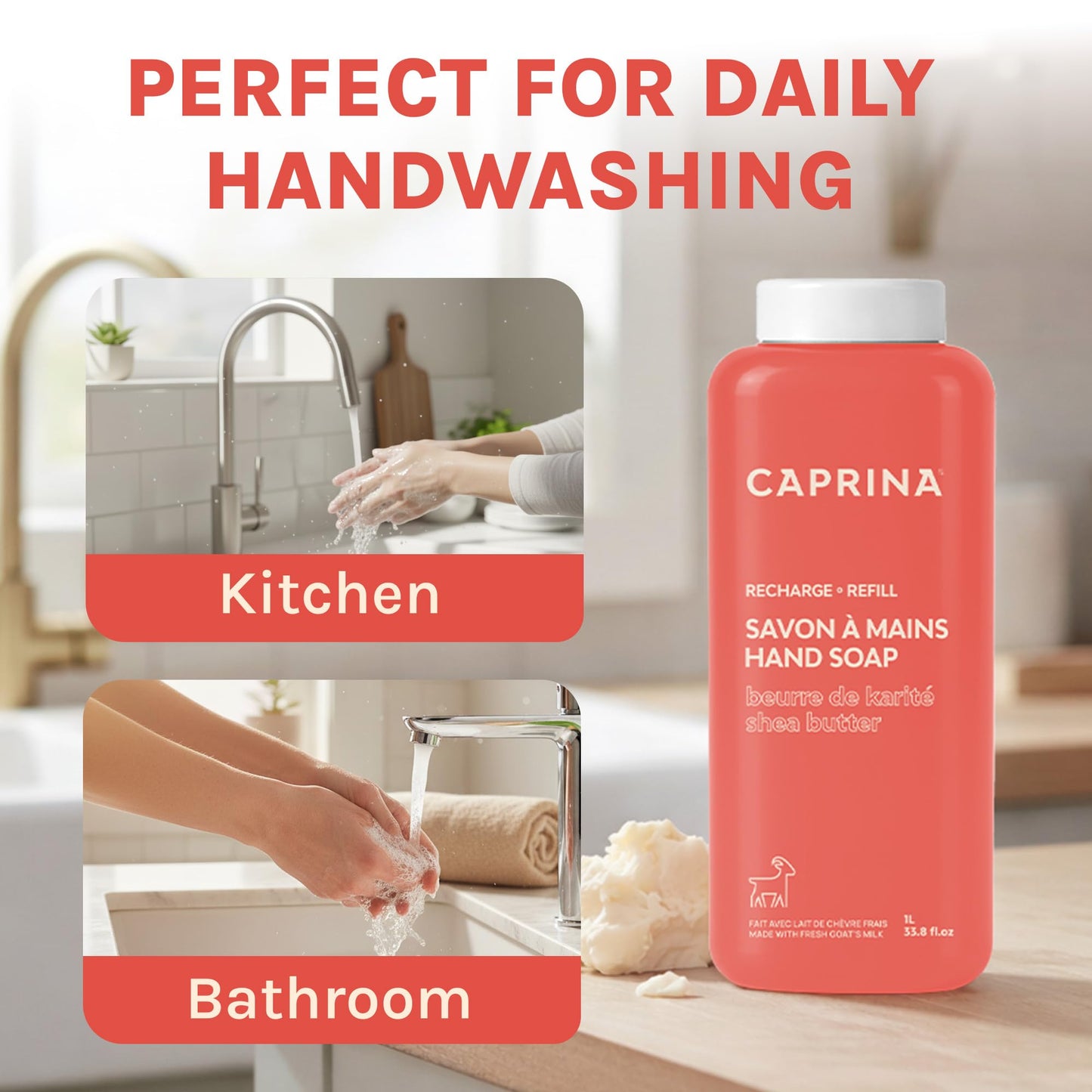 Caprina by Canus Goat Milk Liquid Hand Soap Refill, SHEA BUTTER, 1 L (33.8 fl oz), Moisturizing Hand Wash Refill, Less Plastic Waste, Made in Canada