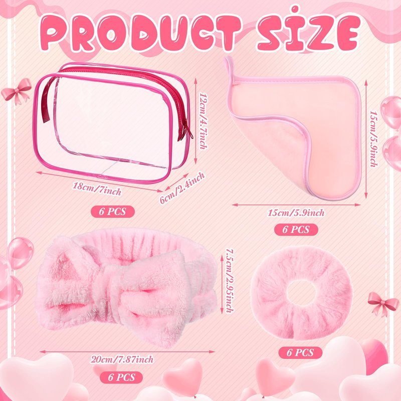 Mimorou 24 Pieces Sleepover Party Supplies for Women Spa Party Favors 6 Spa Headband 6 Velvet Scrunchies 6 Makeup Remover Cloth 6 Clear Cosmetic Bags for Mother Day Slumber Wedding Birthday(Pink)