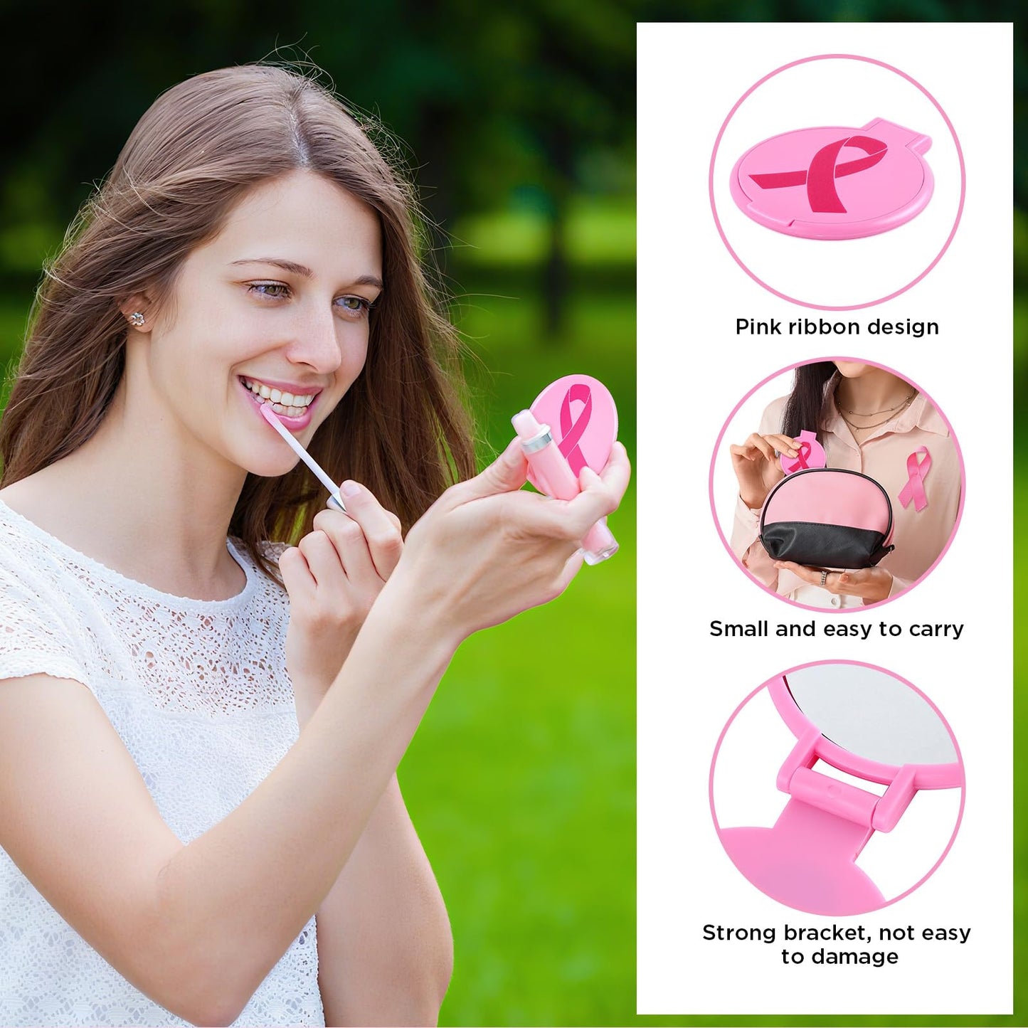 clothmile 100 Sets Breast Cancer Awareness Gifts Include 50 Pink Ribbon Mini Folding Makeup Mirrors 50 Pink Cards 50 OPP Bags for Girls Women Survivor Party Favors Supplies