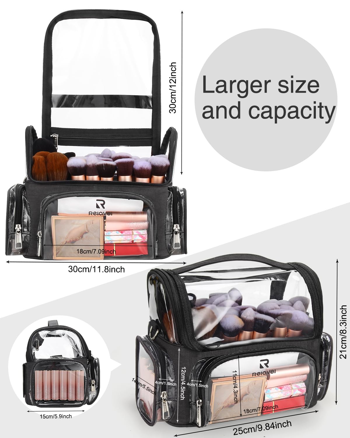 NAONAYA Makeup Brush Bag, Clear Makeup Brush Holder Professional Makeup Artist Travel Case Waterproof Cosmetic Organizer Bag, Full Open Easy to Access, with Adjustable Shoulder Strap and Dividers