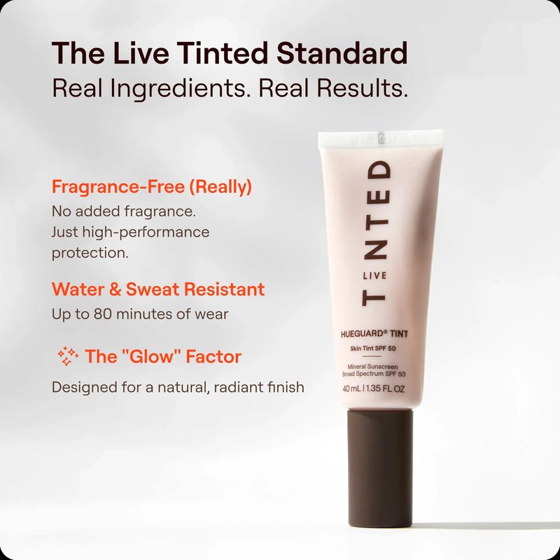 Live Tinted Hueguard Tinted Sunscreen SPF 50 - Mineral Sunscreen for Face, Skin Tint with Buildable Coverage, Dewy Glow Finish, Hydrating, Vegan, Fragrance-Free, Water & Sweat Resistant, Shade 08