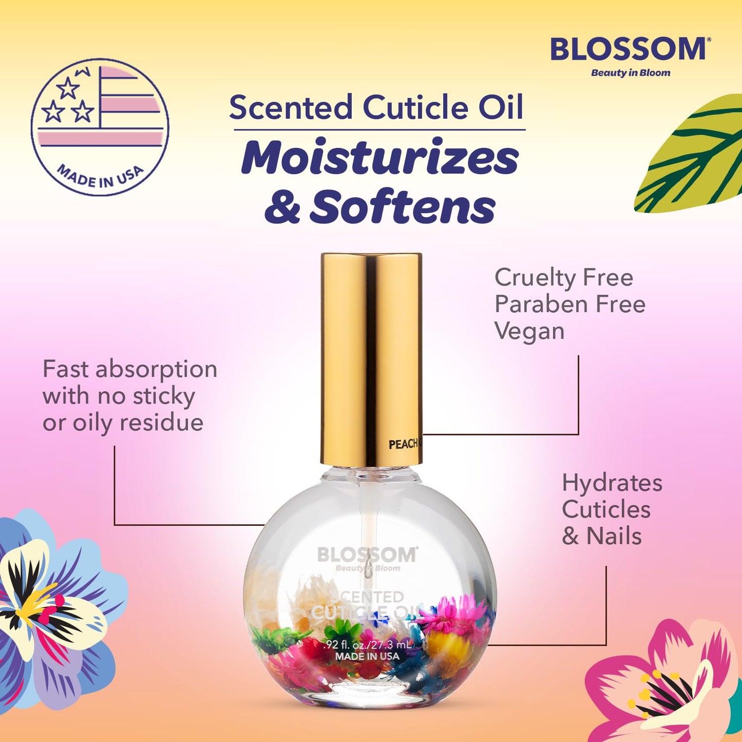 Blossom Hydrating, Moisturizing, Strengthening, Scented Cuticle Oil, Infused wtih Real Flowers, Made in USA, 1.84 fl oz, 2 Pack Bundle, Strawberry + Juicy Peach