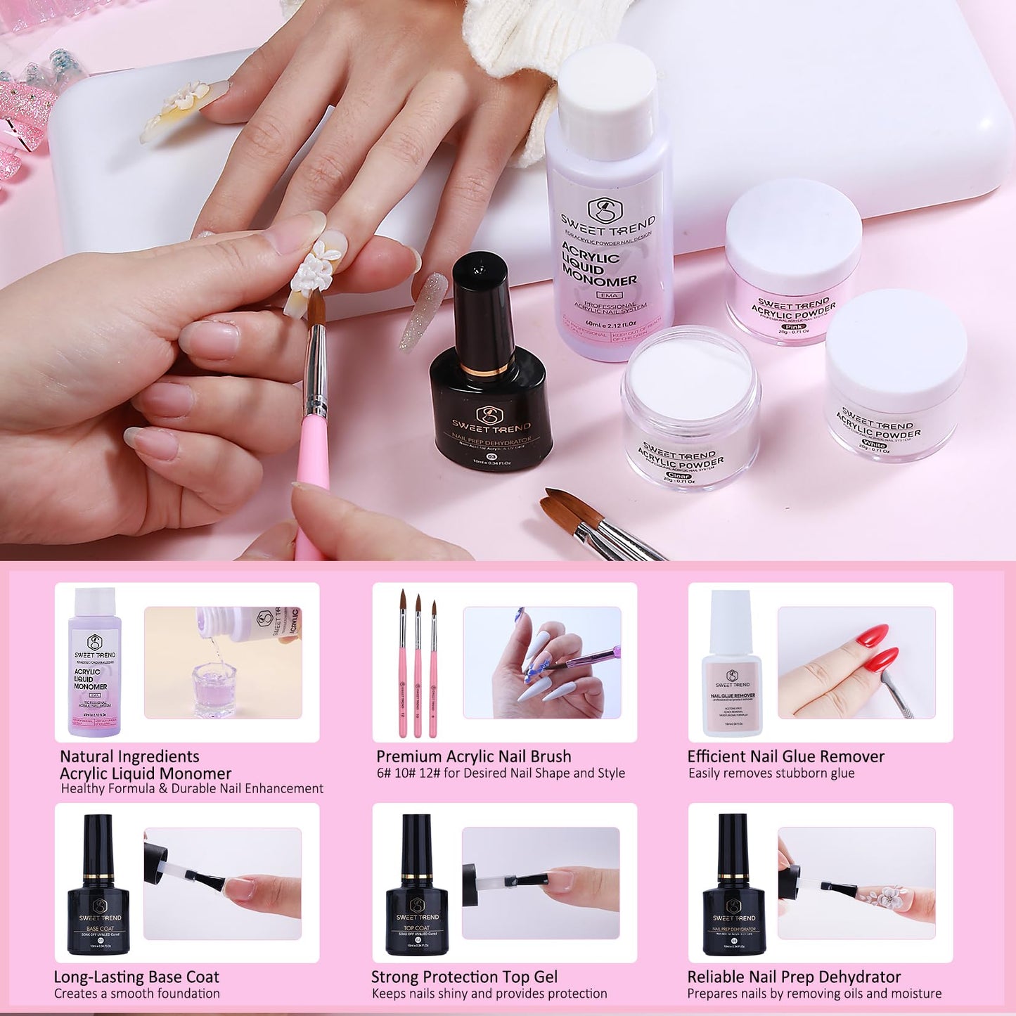 Acrylic Nail Kit with Drill: 20g Clear White Pink Acrylic Powder and Liquid