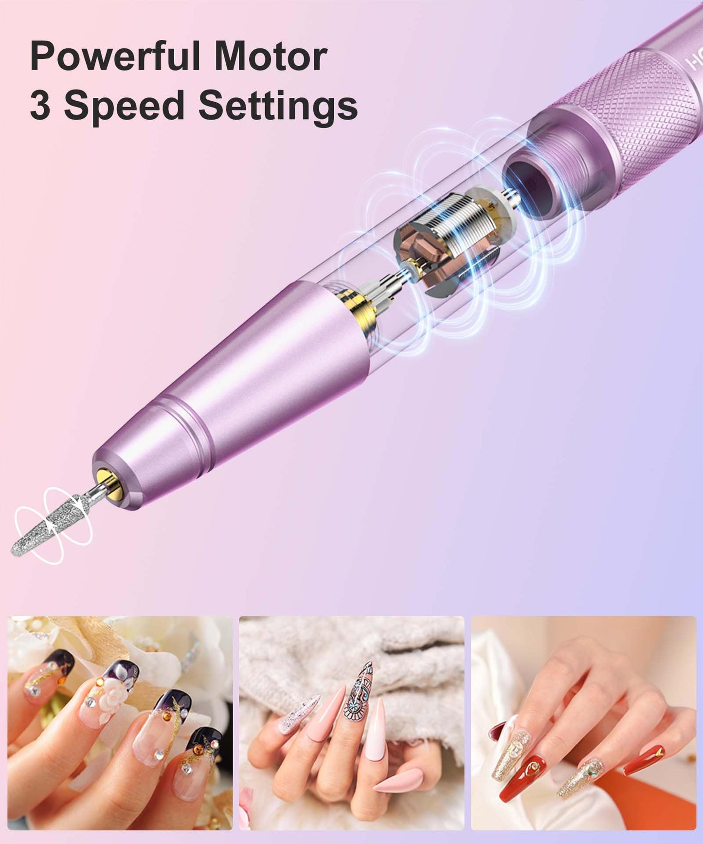 HEBECA Cordless Nail Drill Set, Electric Nail Files and Buffers Drill Nails for Natural or Acrylic Gel Nails - Rechargeable Nail File Nail Drill Machine Manicure Nail Dremel Kit (Purple)