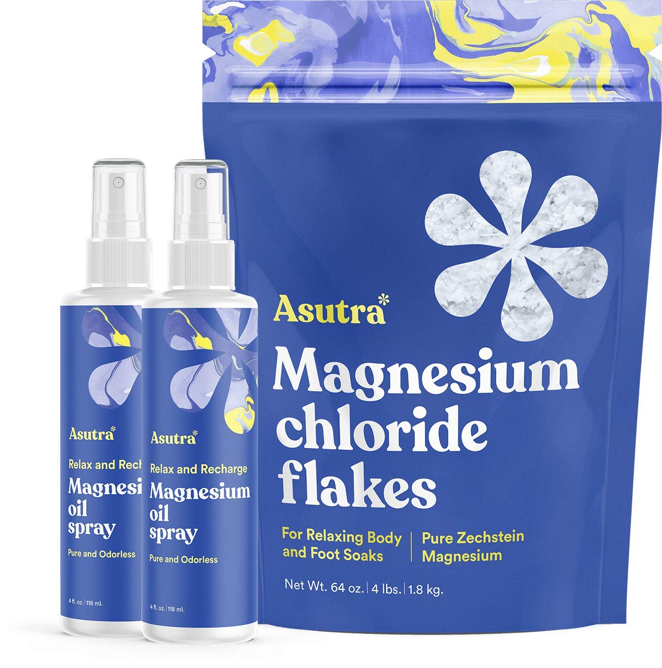 ASUTRA Pure Zechstein Bundle, 4 Lb Magnesium Flakes for Bath Soak and 2 Pack Topical Pure Magnesium Oil Spray for Feet, Leg and Foot Cramps, Tired Muscles, Better Sleep, 4 Fl Oz Each