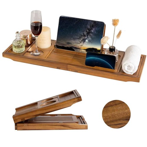 Teak Bathtub Tray Expandable Bathroom Tray for Home Spa Relaxation, Wooden Tray Caddy for Bathtub, Teak Bathtub Caddy as Unique Housewarming, Birthday, Wedding Shower Gifts (Natural Teak)