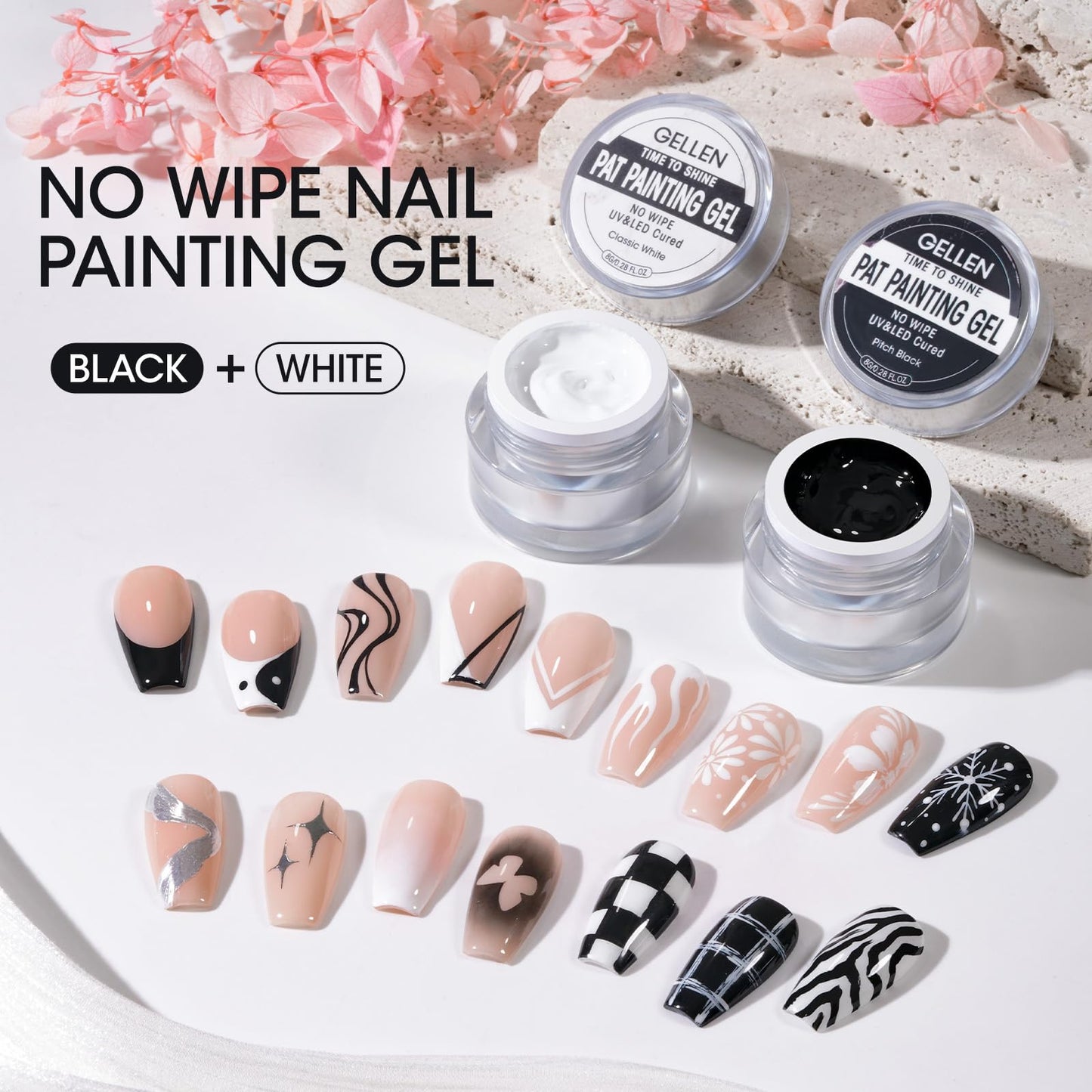 GELLEN Nail Painting Gel, 2Pcs 8G Black & White, No Wipe Pat Painting