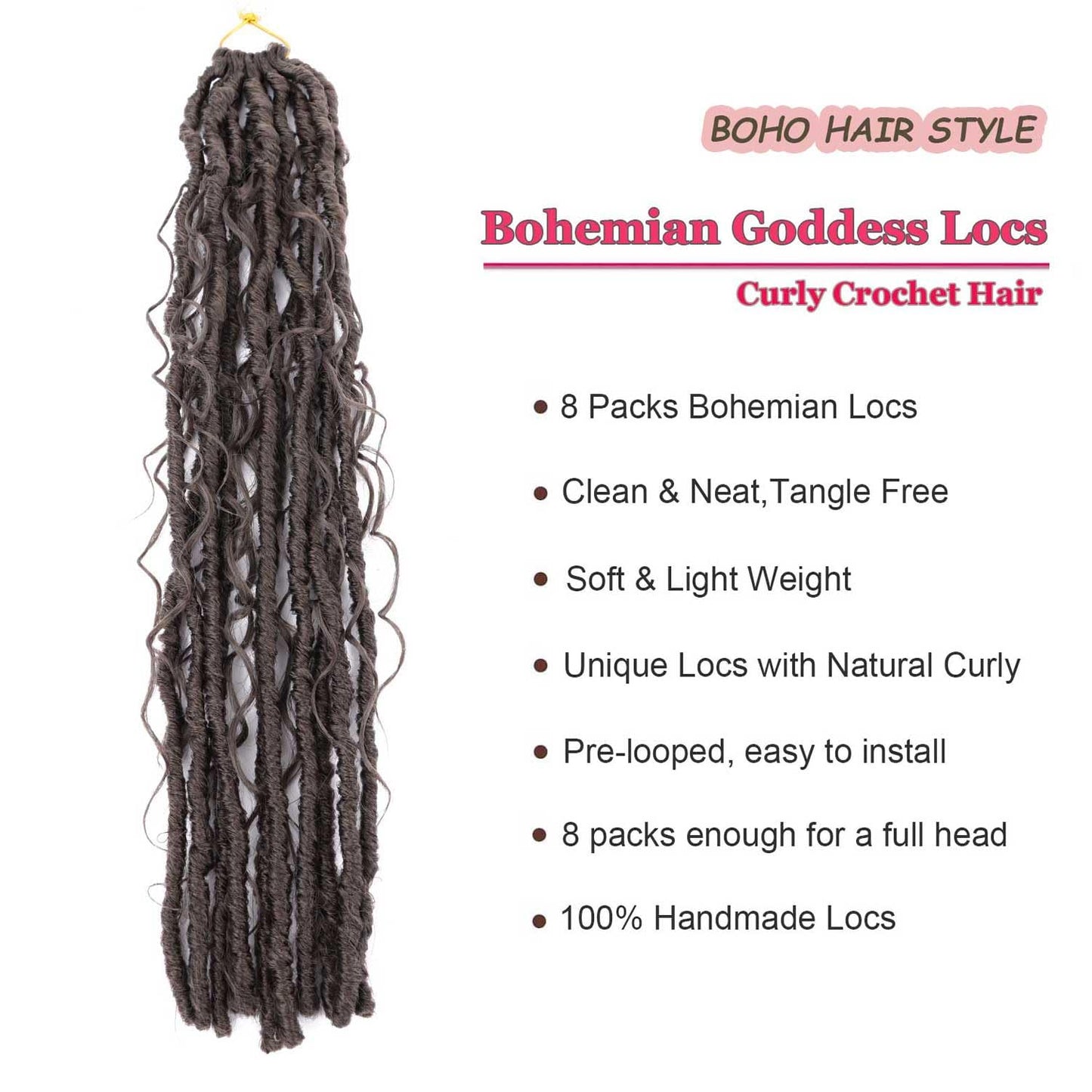 8 Packs Goddess Locs Crochet Hair Bohemian Braids 24 Inch Boho Crochet Faux Locs with Curly Crochet Hair for Black Women (4#, 24 Inch(Pack of 8))