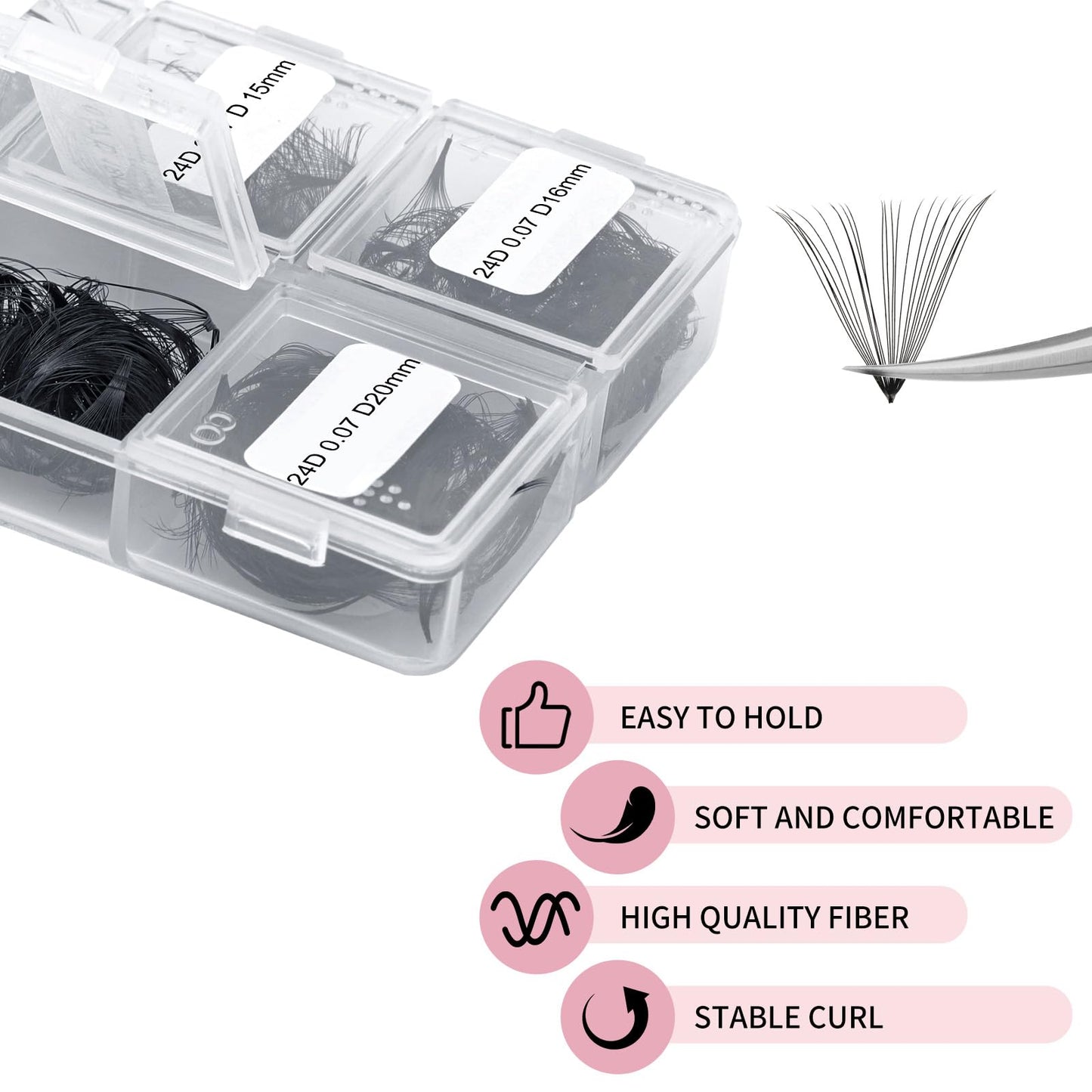 FADLASH Volume Lash Extensions 600pcs 24D Premade Fans Eyelash Extensions D Curl Pointy Base Pre Made Fans Lash Extension Mixed Tray Eyelash Extension Premade Fans (24D-0.07D-14-20mm), Black