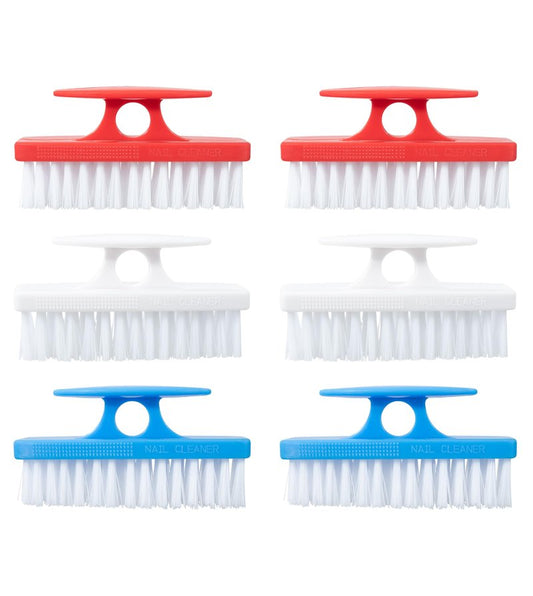 Superio Nail Brush Set (6 Pack) Cleaner with Handle, Durable Brush Scrubber to Clean Toes, Fingernails, Hand Scrubber All Surface Cleaning, Heavy Duty Scrub Brush Stiff Bristles (Red- White- Blue)