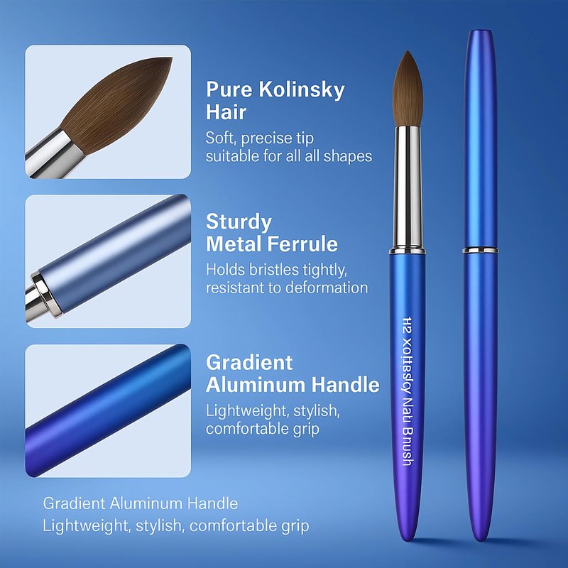 Kolinsky Hair Acrylic Nail Art Brushes - Oval Crimped Tip for Precision Nail Design | Gradient Blue Metal Handle, Size #16