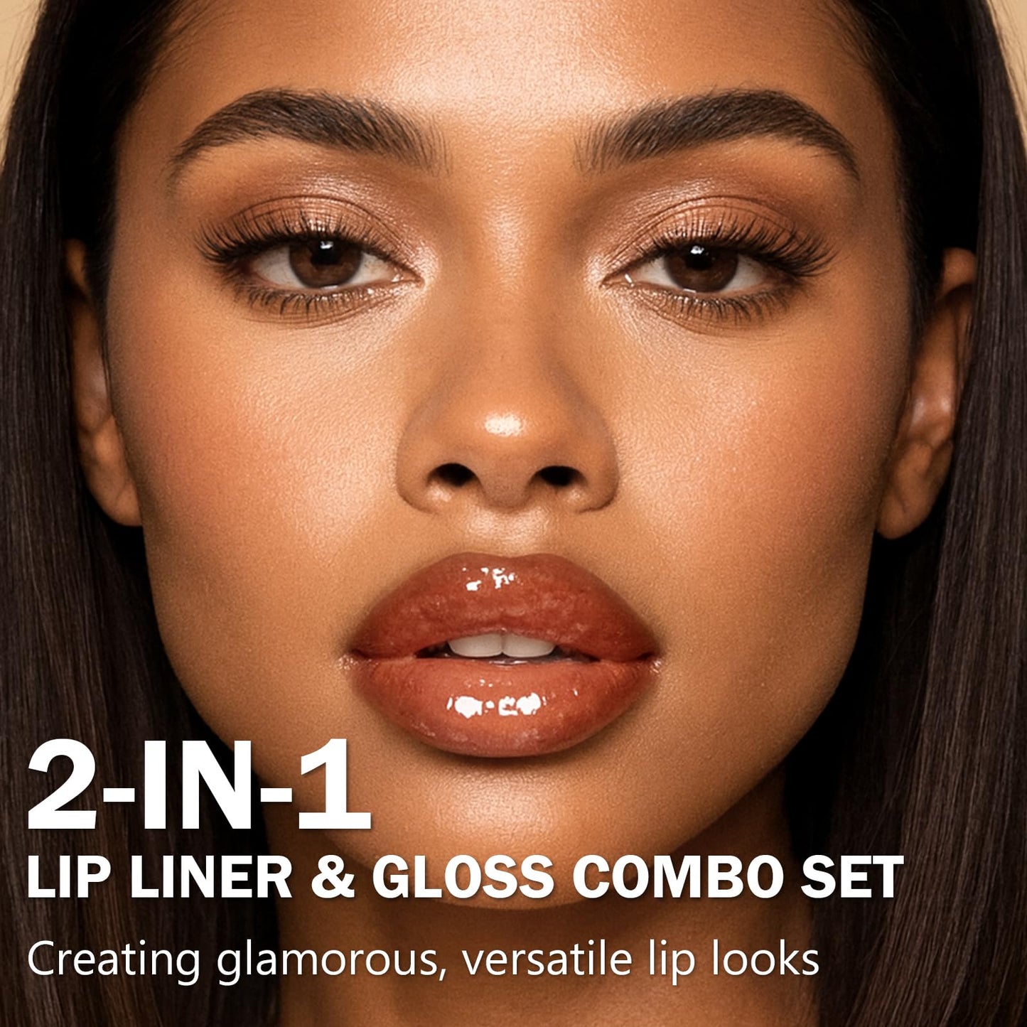 Jutqut Lip Liner & Gloss Lipstick Combo - 2 in 1 Dual-Ended Lip Combo Set, Nude Brown Velvet Matte Lip Liner & Buildable Light Brown Glowy Lip Gloss Kit for Women, Long Wear Shiny Plumping Finish, 06