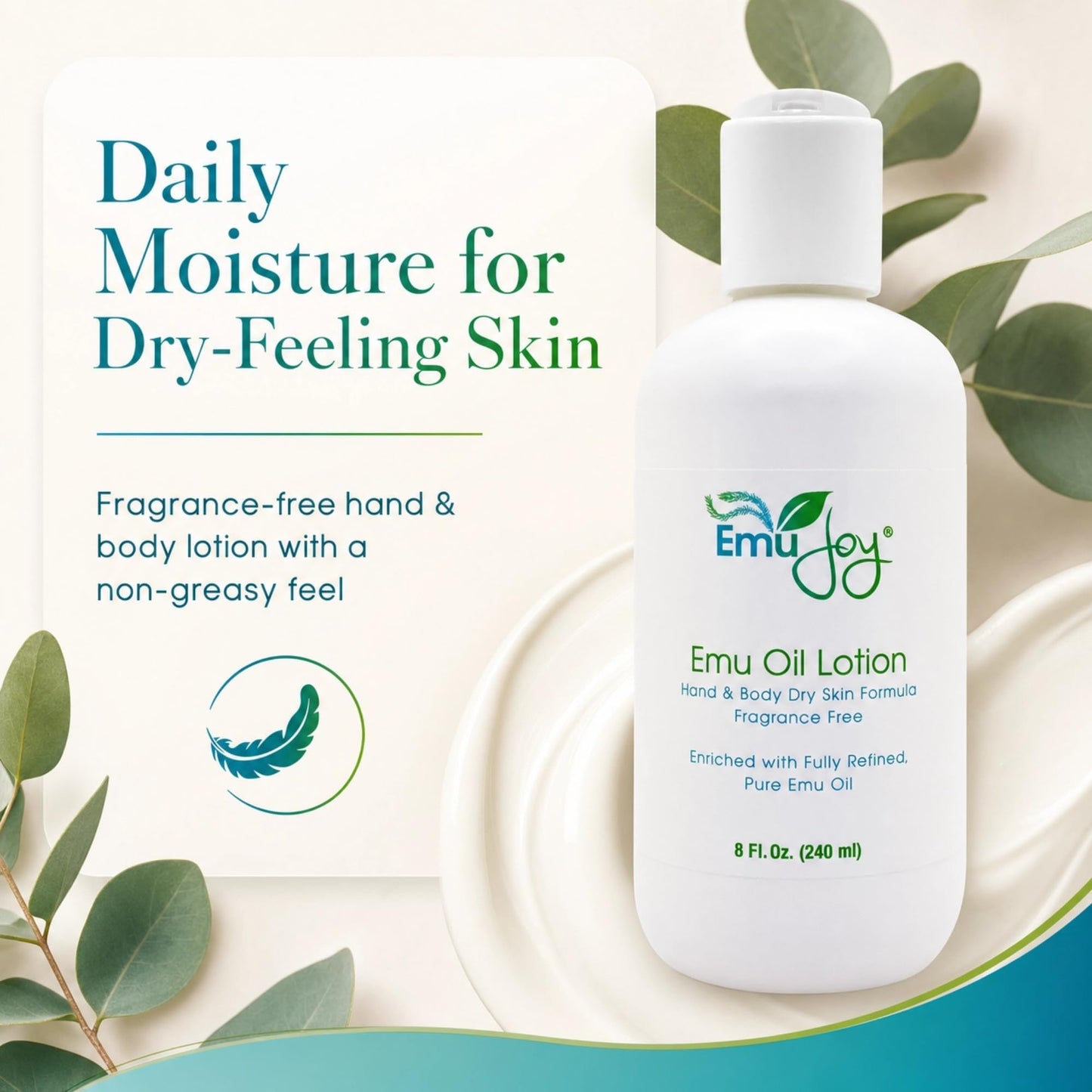 Emu Joy Emu Oil Lotion - Fragrance Free Hand & Body Lotion for Dry Skin - Non-Greasy Unscented Body Moisturizer - Shea Butter, Green Tea & Botanical Extracts - Sensitive Skin - 8 fl oz