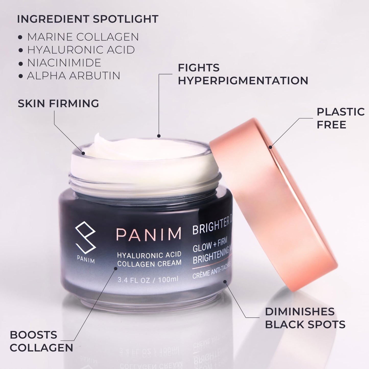 PANIM Marine Collagen Cream for Face, Anti-Aging Face Cream with Hyaluronic Acid & Niacinamide, Firms, Brightens & Fades Dark Spots & Wrinkles, Non-Greasy Collagen Moisturizer for Women, 3.4 fl oz