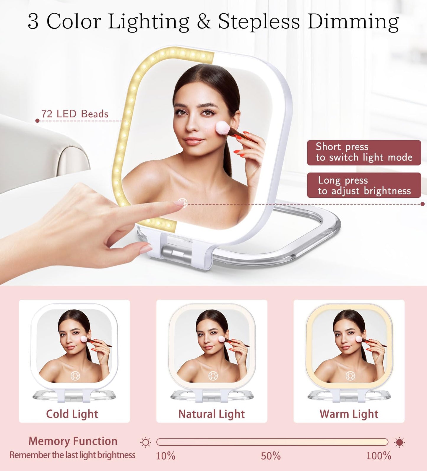 Shinowa 1X/10X Rechargeable Travel Makeup Mirror with 72 LED Lights, 7 Inch