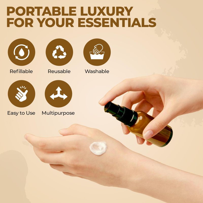 VitalUp 8 Pack Empty Refillable Glass Amber Pump Bottle Ideal for Lotion Cream Essential Oil Travel Small Container, 30ml