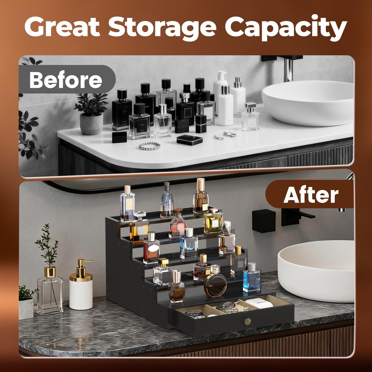 EsLuker.ly Perfume Organizer Cologne Holder Stand for Men, Wooden Cologne Display Shelf for Bedroom Dresser Countertop, 5 Tier Large Capacity Storage Rack with Drawer, Keep Fragrance Neat & Accessible