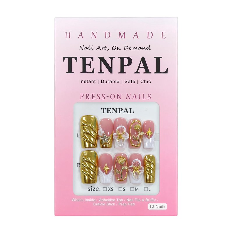TENPAL Luxury Handmade Press on Nails Medium Long Square,Sheer French Tips White Gold Fake Nails For Women Girls,3D Rose Embossed Glossy False Nails for Parties Daily Vacations(L)