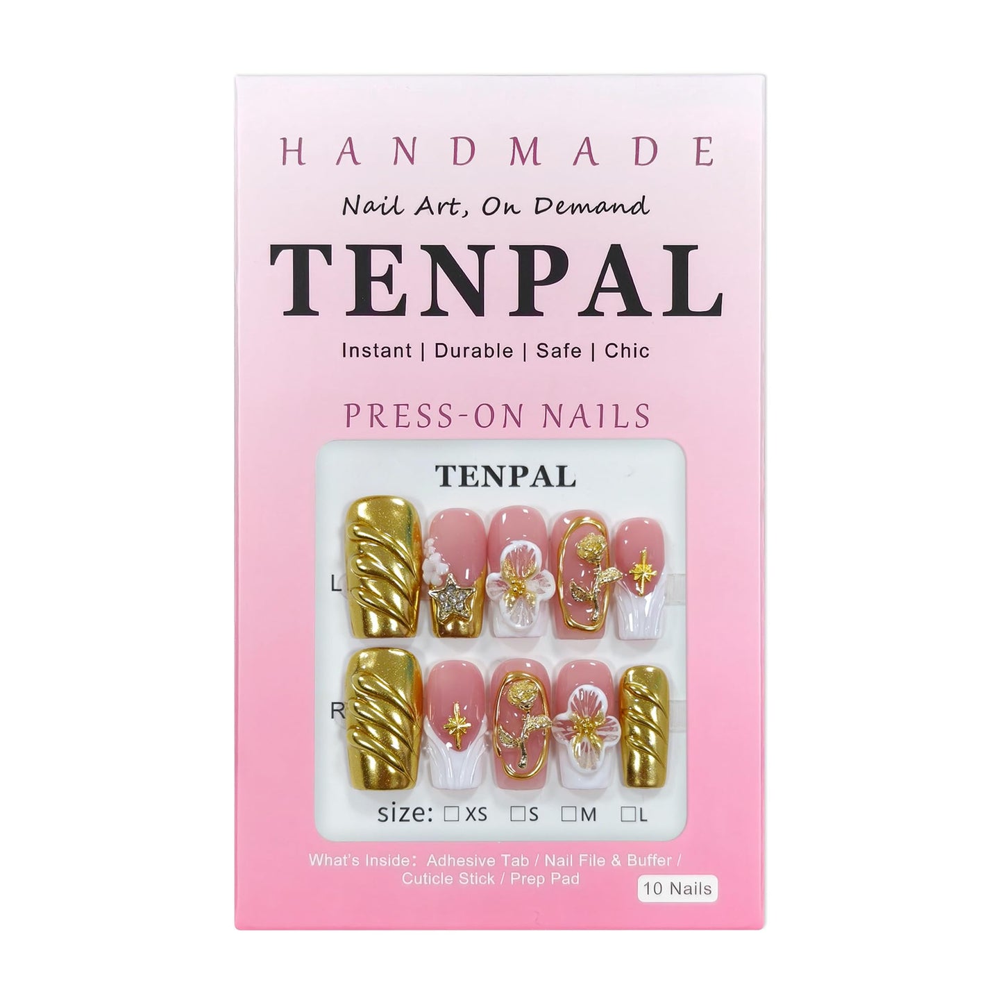 TENPAL Luxury Handmade Press on Nails Medium Long Square,Sheer French Tips White Gold Fake Nails For Women Girls,3D Rose Embossed Glossy False Nails for Parties Daily Vacations(L)