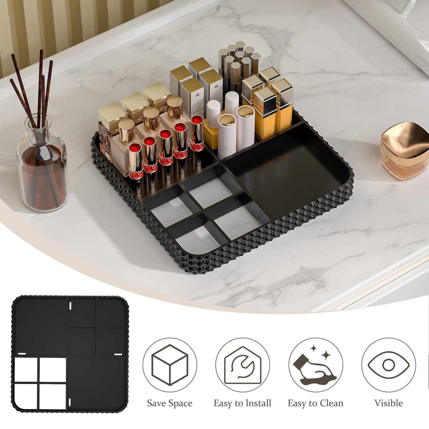 HEMTROY Rotating Makeup Organizer with Makeup Brush Holder,Large Capacity Perfume Organizer for Vanity Countertop,Acrylic Skincare Organizers Spinning Holder Storage Rack (Black)