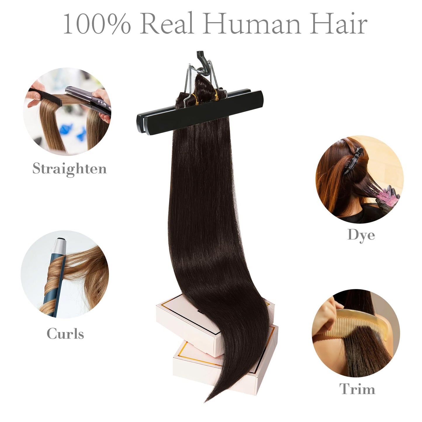 FoxFace Clip in Hair Extensions Real Human Hair, Thick Extensions from Root to Tip, Natural Hair Clip Ins, Dark Brown, 14 Inch 120g 7Pcs